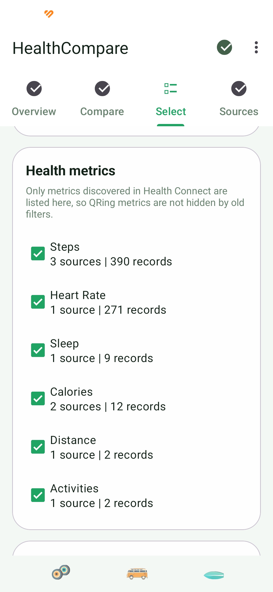 HealthCompare metric selection