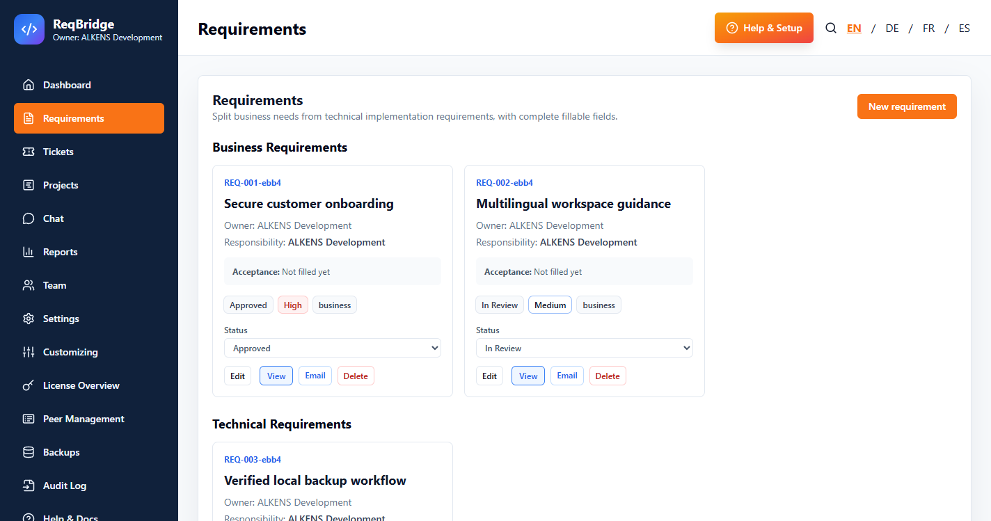 ReqBridge Team business and technical requirements workspace