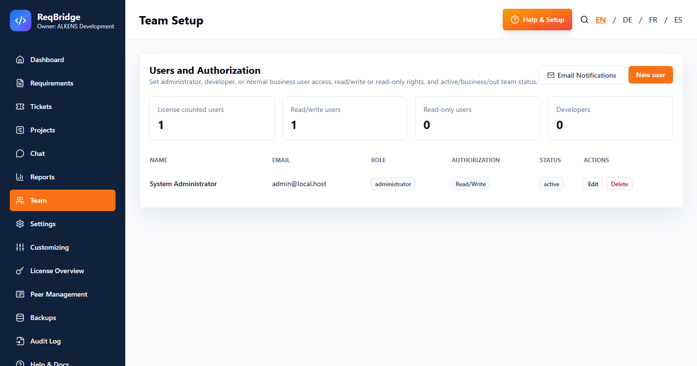 ReqBridge Team role and authorization management