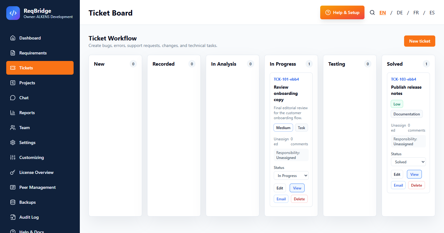 ReqBridge Team visual ticket workflow